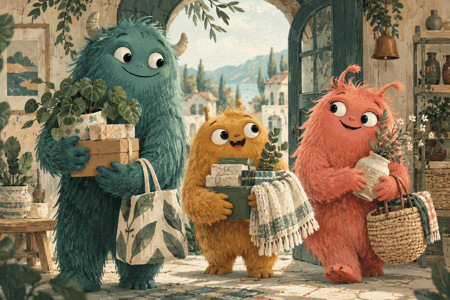 three original friendly quirky monsters in teal ochre and coral with expressive eyes, sophisticated gouache illustration